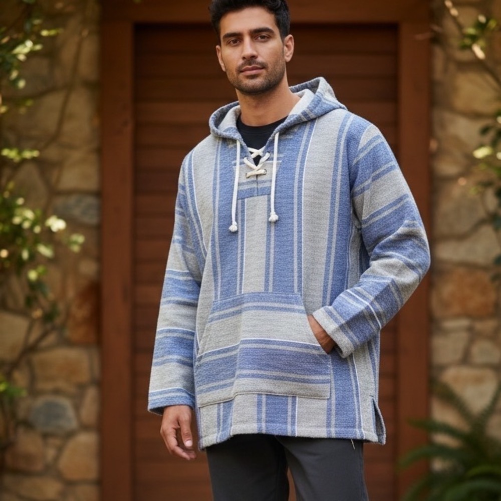 Free Planet Mens Baja Hoodie Blue Grey Striped Bohemian Festival Gorpcore Beach